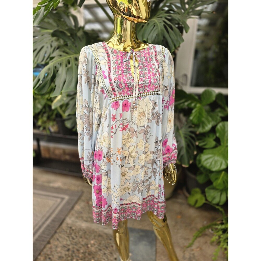 Johnny Was California Floral Tunic Dress M Boho Peasant Blouse Blue Pink